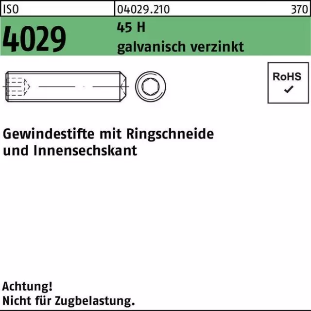 Gewindestift ISO 4029 Ringschneide/Innen-6-kant M 12 x 30 45 H galvanisch ver...