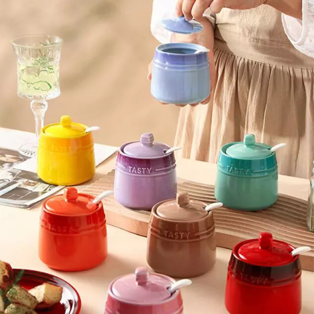 Jarro de sal de azúcar condimento de cerámica con tapa condimento cuchara cocina francesa olla