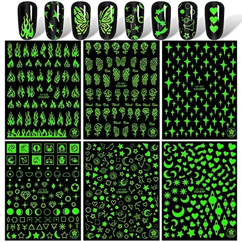 VETPW 6 Feuilles 3D Lumineux Stickers Ongles Glow in the Dark 3D Auto-adhésif...