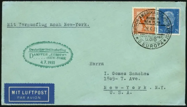 KATAPULTPOST 54b, 4.7.1931, &quot,Europa&quot,-New York, Seepostaufgabe, Prachtb