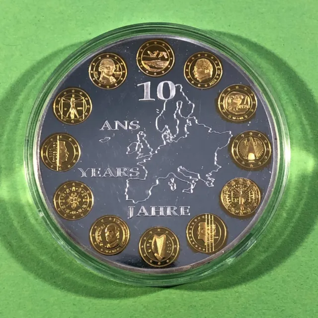 S2/MED25)) Gigant-Medaille 10 Jahre Euro, farbig, 70mm ø 110g., PP / Proof