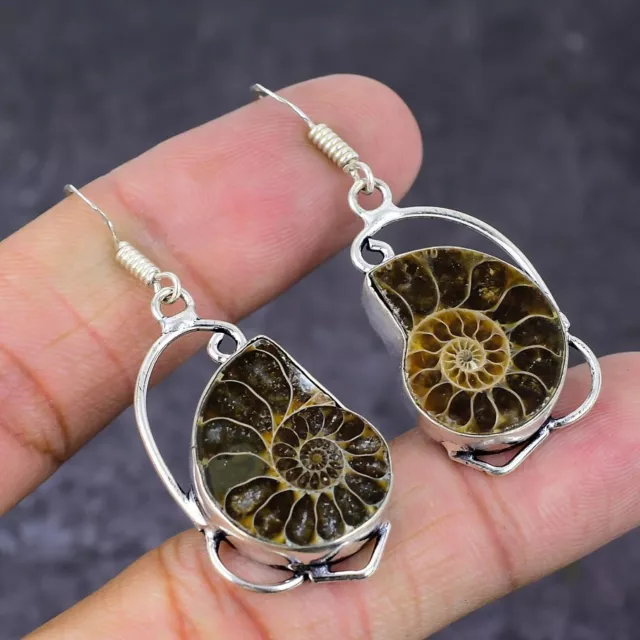 Natural Ammonite Fossil Gemstone Handmade 925 Sterling Silver Earring 2.01" q193