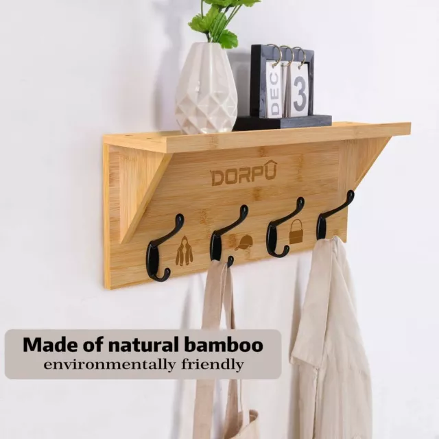 Coat Rack  Shelf - Countryside Style Bamboo Wall Mounted Rack - 4 Hooks