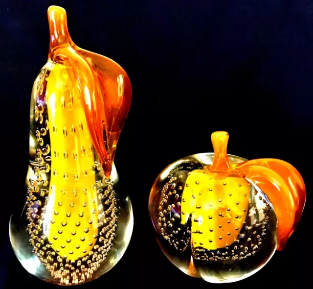 MURANO ITALY, SALVIATI APPLE & PEAR SCULPTURES, Bullicante Bubble, Cased Orange