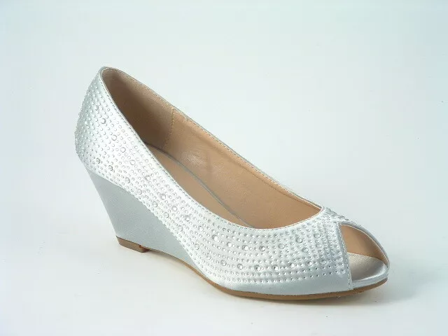 Silver Satin Diamante Wedge Ladies Bridal Prom Wedding Peep Toe Shoes Sizes