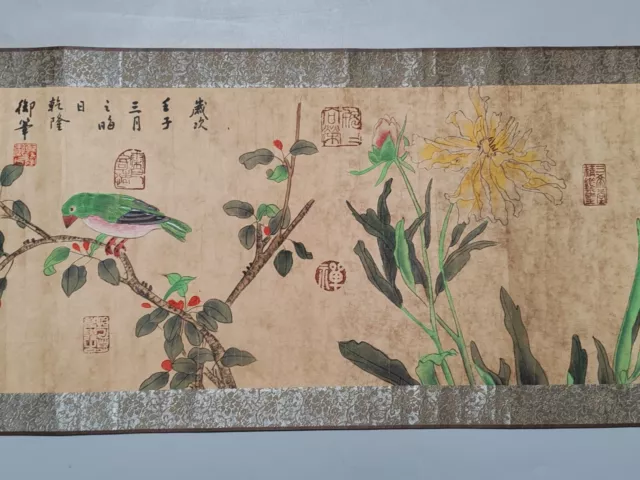 Qing Qianlong Flower and Bird Boutique Scroll  Handdrawn ancient small hand