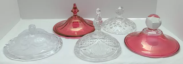 5 Vintage Various  Glass Cranberry  Clear Lids for Bowls Trinket  Butter Dishes
