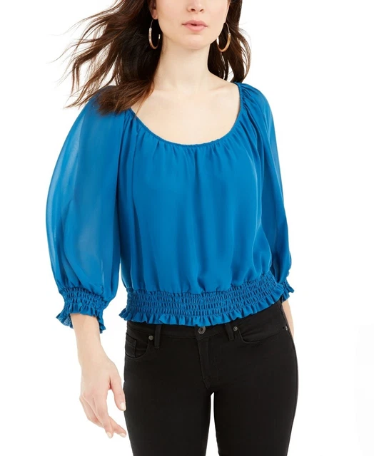 Guess Women's Gregoria Smocked 3/4 Sleeves Crop Top Blue Size Medium