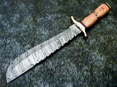 Authentic HAND FORGED DAMASCUS BOWIE HUNTING KNIFE - OLIVE WOOD HANDLE - FR-8302