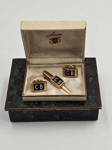 Vintage Anson Tie Clasp Bar Tack Clip Cufflinks Initials CB Gold Tone Black