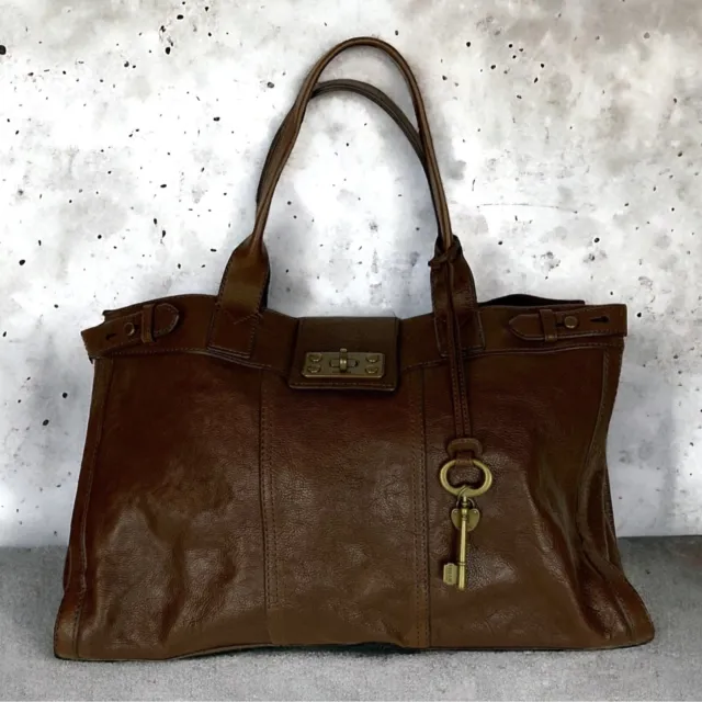 Fossil Weekender Tote Collectible Handbag Chocolate Brown Leather Vintage Y2K