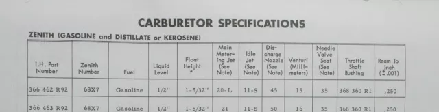 Carburetor Carb Specifications Manual International Farmall Tractor  GSS-1309 IH 3