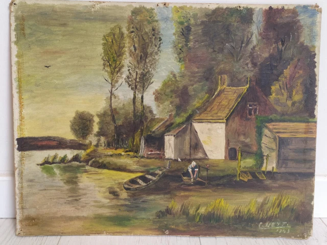 Peinture à L'huile Sur Carton XIXe - Paysage Moulin Hollande - Ancien