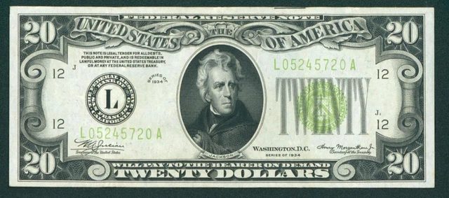 $20 1934 LGS LIME (( VF+++ )) ((LIGHT GREEN SEAL)) Federal Reserve Note AUCTIONS 2