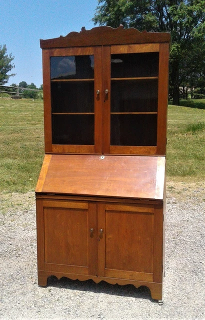 Antique Walnut Drop Front Bookcase Secretary Desk One Piece 1850s Era