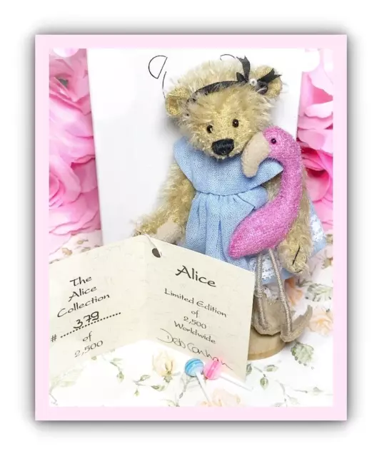 Deb Canham Artist Designs Mohair Teddy Bear Alice and Flamingo LE Box COA 3½"