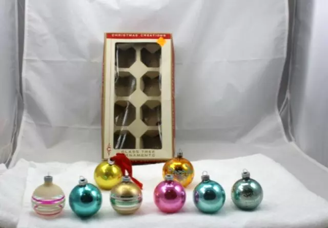 8 Christmas Ornament Glass Vintage Creations Wedding Bells Stripes 2 1/4"