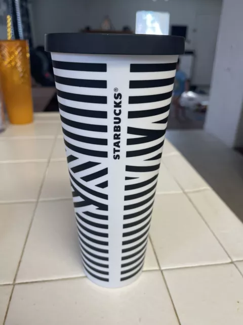 STARBUCKS Black White ZEBRA STRIPE VENTI Cold Cup TUMBLER 24oz Matte NO STRAW