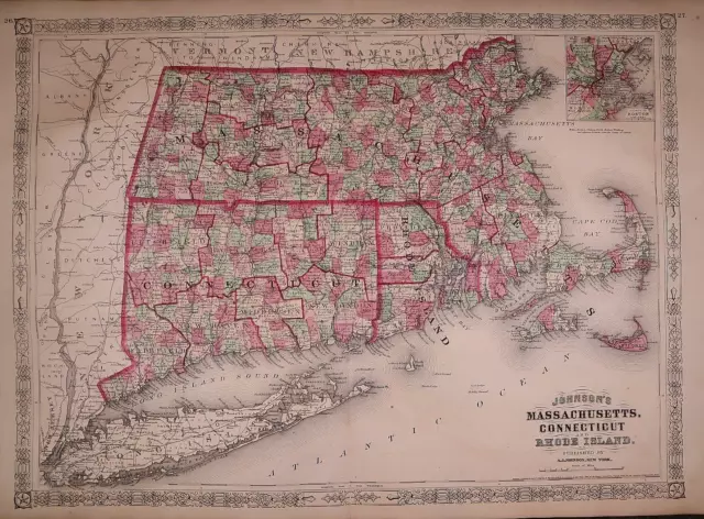 1867 Map ~ MASSACHUSETTS, CONNECTICUT, RHODE ISLAND Johnson Atlas Map (18x26)-#3