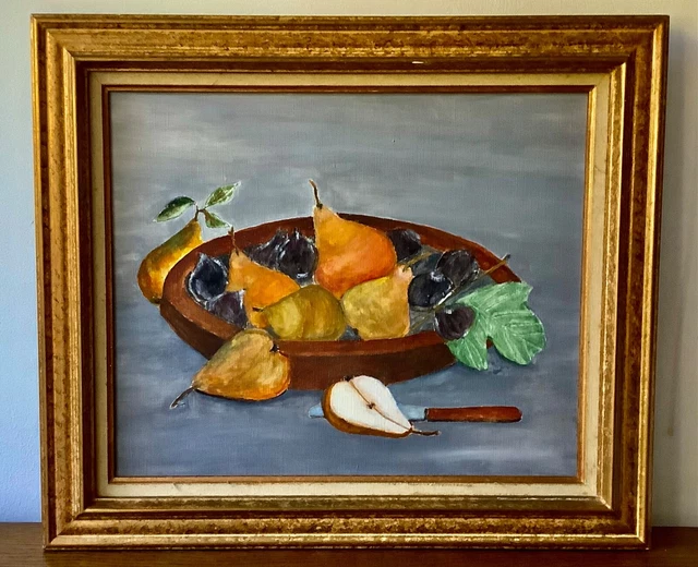 Huile Sur Toile Nature Morte - Cadre Bois Doré Signé - Bon état, Couleurs Vibrantes