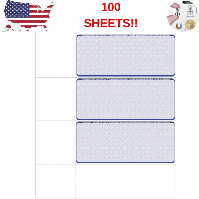 Computer Check Paper - Blank Personal Wallet Checks 3 on a Page - Compatible wit