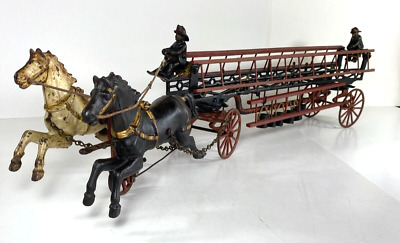 Rare Ives Cast Iron Pheonix Two Horse Drawn Ladder Wagon Truck 28"