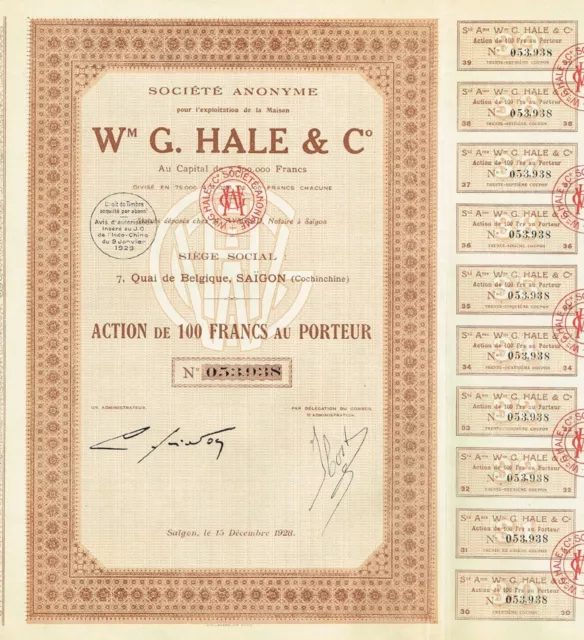 INDOCHINA W G HALE & CO stock certificate 1928