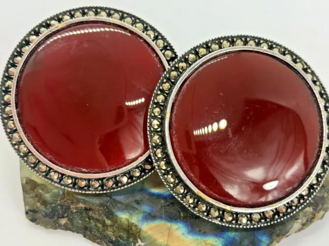 Judith Jack Sterling Silver 29mm Carnelian Marcasite Circle Earrings 31 Grams