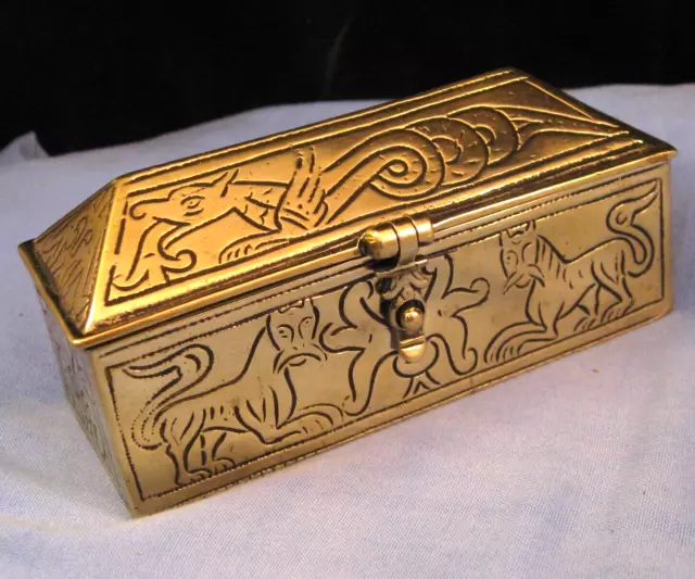 Antique Arts And Crafts Brass Dragon & Lion Mythical Stamp Case Box Desk Casket