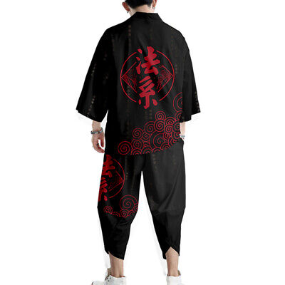 Uomo Kimono Cappotto Giacca Top Pantaloni Giapponese Yukata Casual Sciolto Nero
