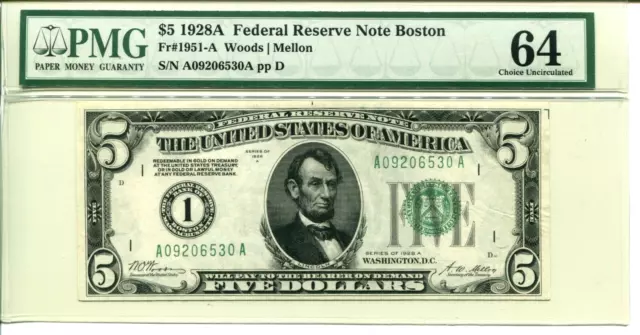 Fr 1951-A 1928A $5 Federal Reserve Pmg 64 Choice Uncirculated