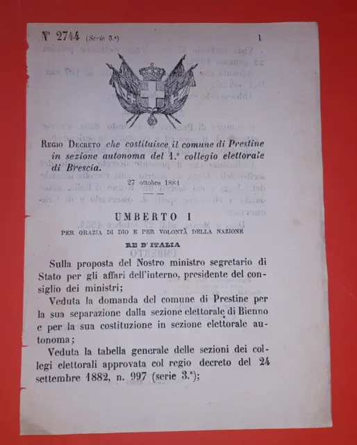 Decreto Regno Italia - Costituzione Prestine in sezione di Brescia - 1884