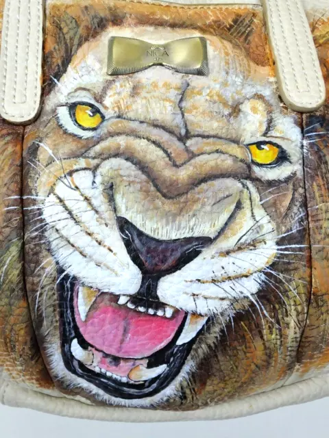 Large Cream Pu Leather Hand Painted Shoulder Bag 2 Handle Snarling Lion Nica