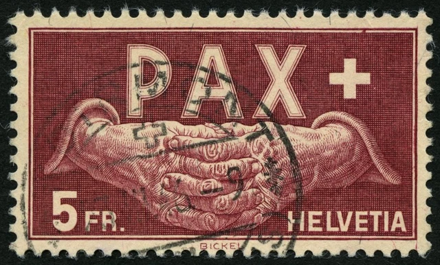 SCHWEIZ 458 o, 1945, 5 Fr. PAX, Pracht, Mi. 360.-