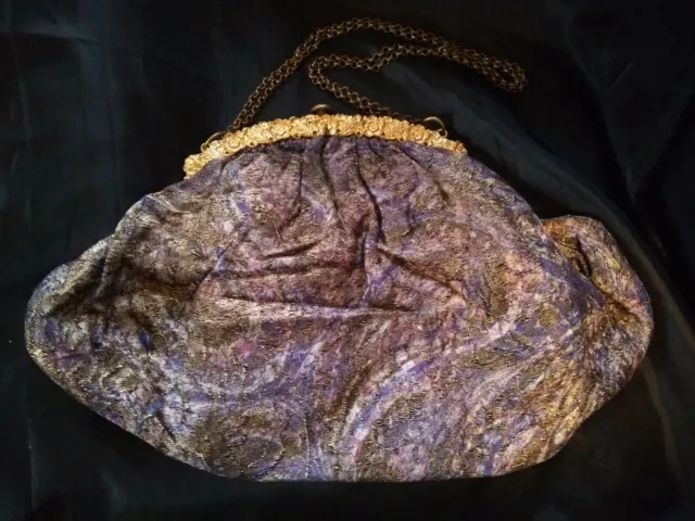 GORGEOUS Antique Art Nouveau Shimmery Fabric Purse Bag & GLAM Gold Flower Frame