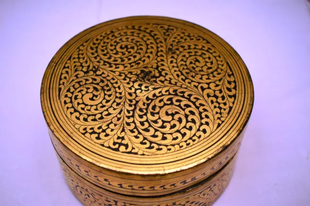 Antique Burmese Betel Nut Box Gilt Lacquerware Myanmar Floral Gold Painted Old"4 2