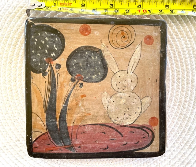 Vintage Mexican Hand Painted Tile 4 3/4" Abstract Rabbit Folk Art 5/8" Thick