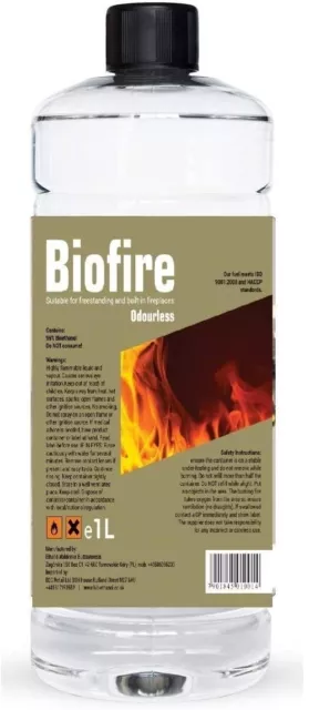 BIOFIRE 1 Litre ethanol Fuel Clean Burn Bioethanol Premium Grade Odourless Fire