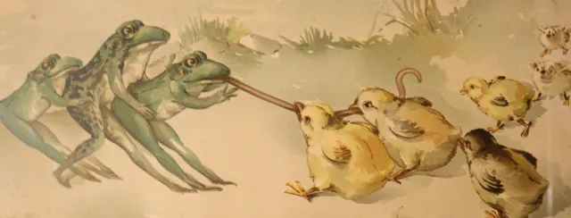1920s Watercolor? Print Entitled Tug of War Worm Frogs vs Chicks 7 x 16 Frame