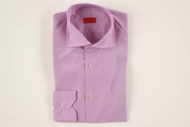 NWT ISAIA Purple Micro Striped Extrafine Cotton Spread Collar Dress Shirt 15 38