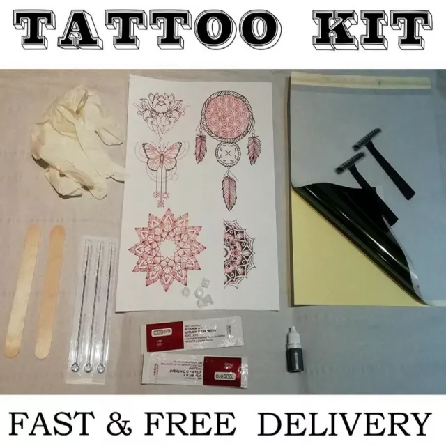 Tattoo Kit Hand Stick Poke Black Ink Needles Stencil Razor No Machine Needed