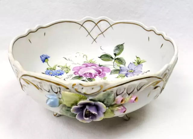 Vtg 7.5" PMP Porcelain Manufactory Plaue Footed Bowl with Flowers - East Germany