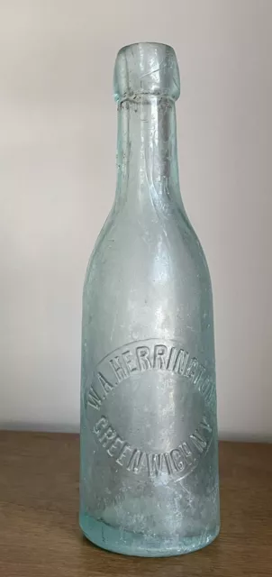 RARE ANTIQUE 1880s W.A HERRINGTON GREENWICH NY BLOB TOP AQUA GLASS BOTTLE VGC!