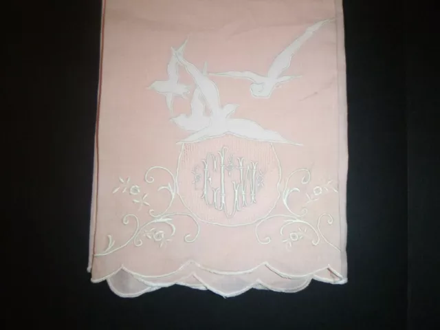 Vintage Linen Guest Tea Towel Finely Embroidered Salmon Pink lace Dove Birds