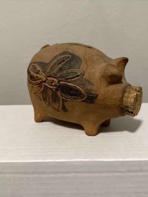 Vintage Art Pottery Piggy Bank Clay With Cork Stopper Handmade Hand Painted