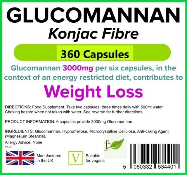 Glucomannano 500 mg (fibra Konjac) (360 cappucci) perdita di peso alta in fibra TIGLI UK