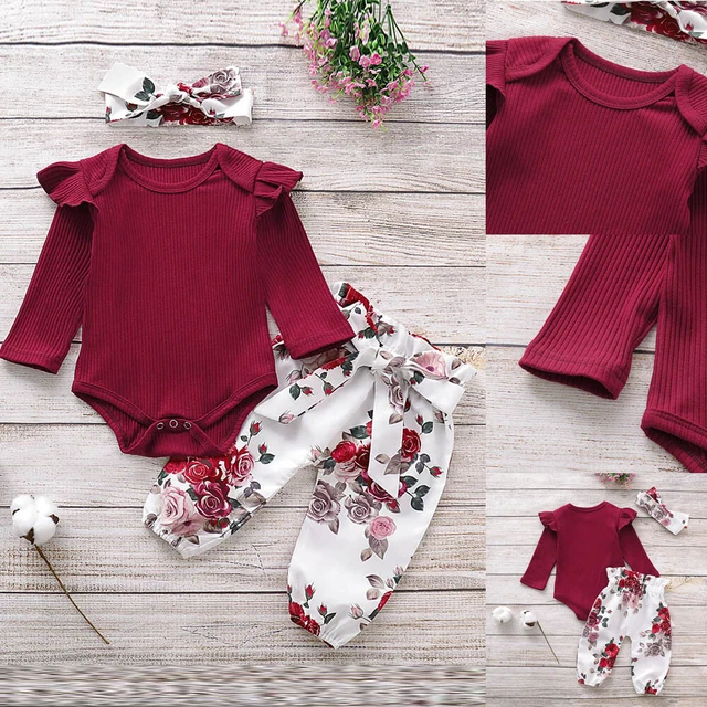 Set Fascia Pantaloni Fascia Neonata Abiti Floreali Maniche Lunghe Ruffole