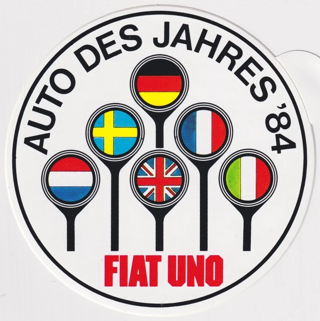 Vinyl Folie Auto ALTER WERBE-AUFKLEBER/STICKER FIAT UNO - Auto Des Jahres '84 / '80er Aufkleber Auto