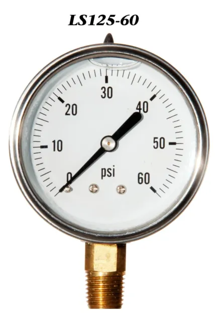 0-60 PSI Liquid Filled Pressure Gauge, 2.5” Stainless Steel Face, 1/4" LM NPT