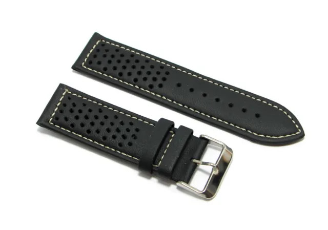 Cinturino per orologio in vera pelle nero cuciture bianche rally racing 24mm